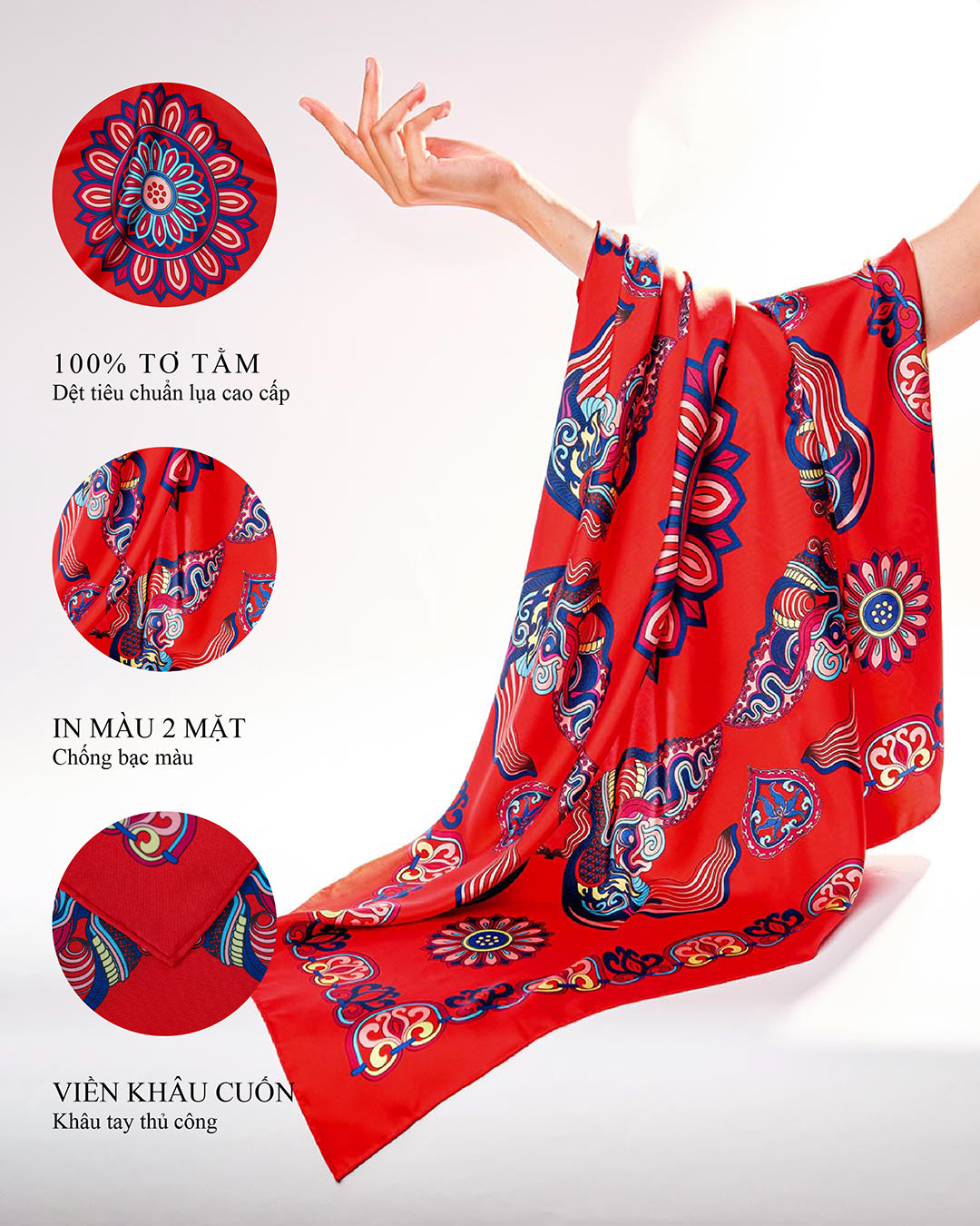 Khăn Lụa Mây Hoạ Long Ân / Đỏ / 90x90