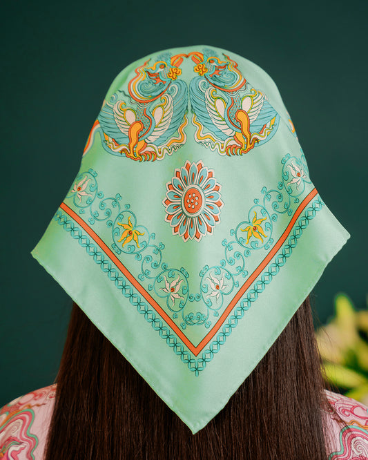Khăn Lụa Phụng Vũ Vân Ca / Xanh / 65x65