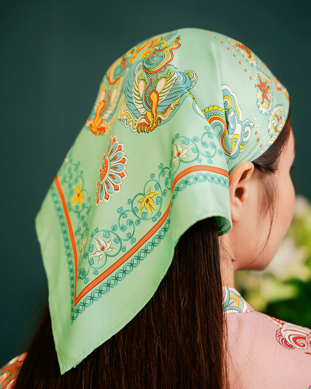 Khăn Lụa Vuông Phụng Vũ Vân Ca / Xanh / Quà Tặng Cao Cấp