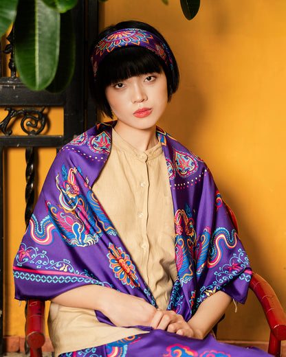 Khăn Lụa Vuông Phụng Vũ Vân Ca / Tím / Quà Tặng Cao Cấp