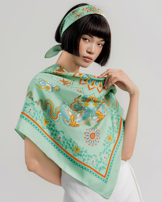 Khăn Lụa Phụng Vũ Vân Ca / Xanh / 90x90