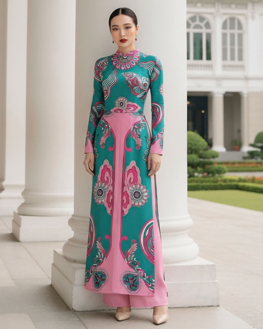 Áo Dài Lụa Truyền Thống / Họa tiết Hương Vân Long Mộng Xanh Ngọc & Hồng