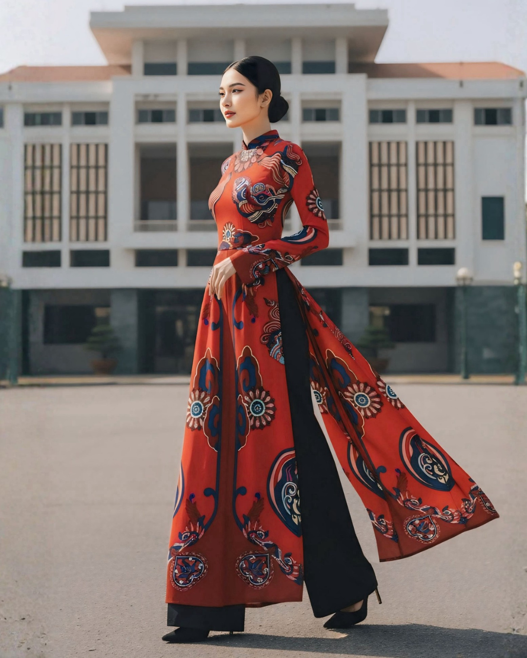 Áo Dài Lụa Truyền Thống / Họa tiết Hương Vân Long Mộng Đỏ