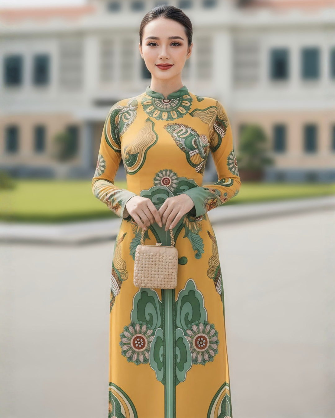 Áo Dài Lụa Truyền Thống / Họa tiết Hương Vân Long Mộng Xanh Lá & Vàng