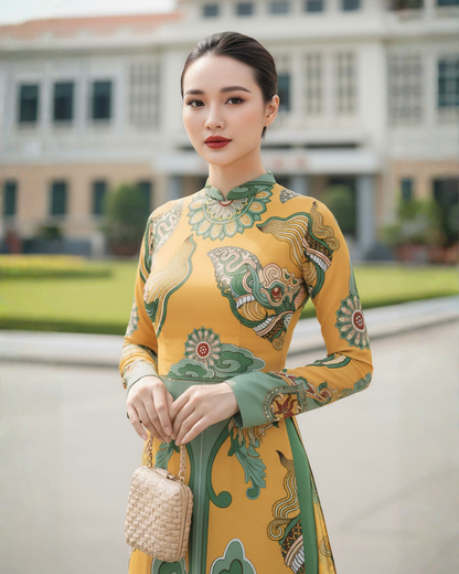 Áo Dài Lụa Truyền Thống / Họa tiết Hương Vân Long Mộng Xanh Lá & Vàng