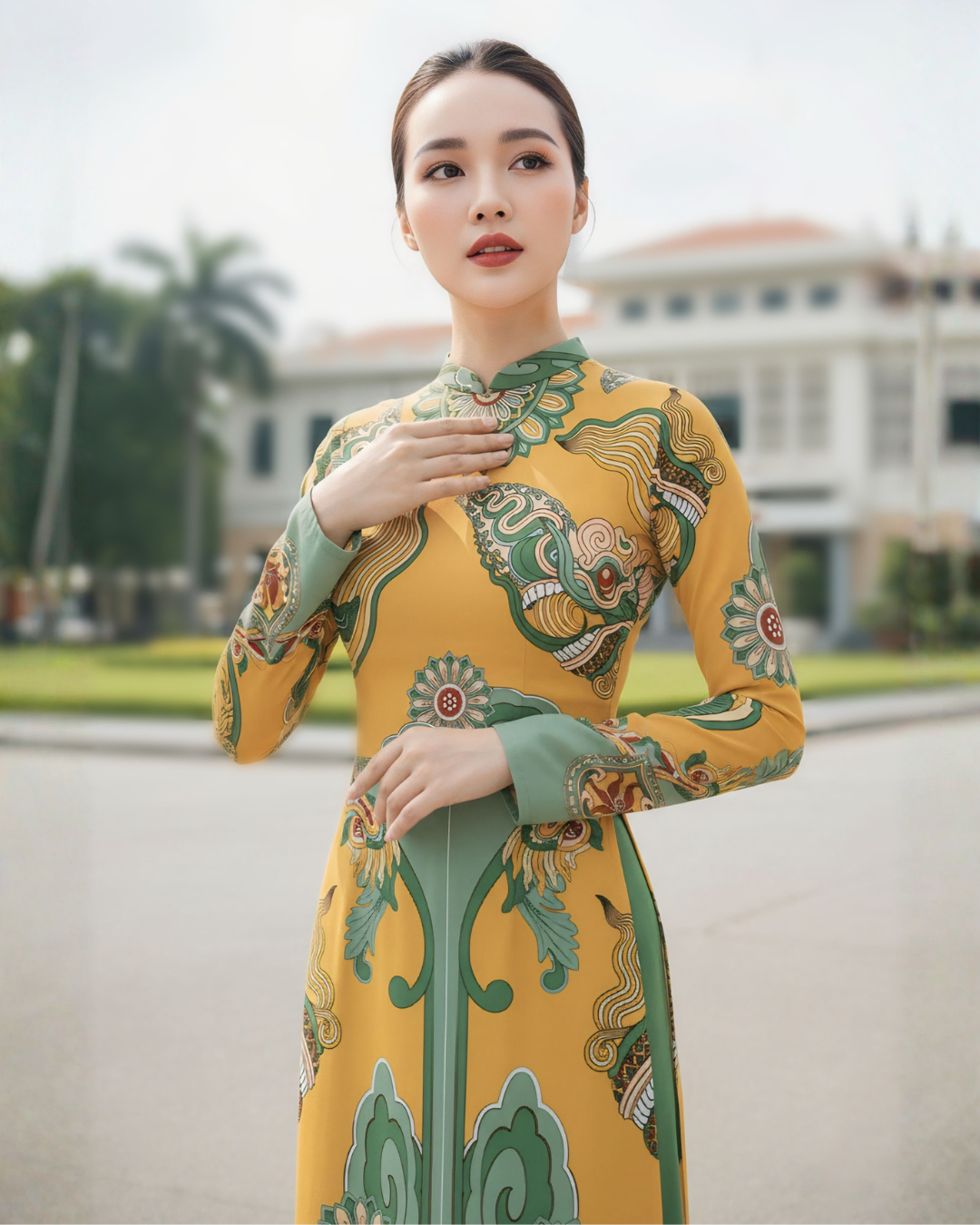 Áo Dài Lụa Truyền Thống / Họa tiết Hương Vân Long Mộng Xanh Lá & Vàng