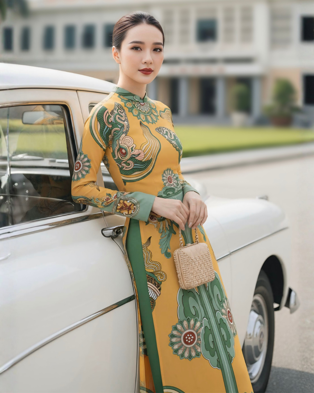 Áo Dài Lụa Truyền Thống / Họa tiết Hương Vân Long Mộng Xanh Lá & Vàng