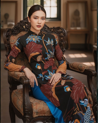 Áo Dài Lụa Truyền Thống / Họa tiết Uyên Ương Liên Hạ Nâu & Da Cam