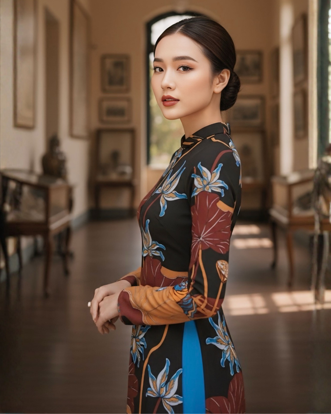 Áo Dài Lụa Truyền Thống / Họa tiết Uyên Ương Liên Hạ Nâu & Da Cam