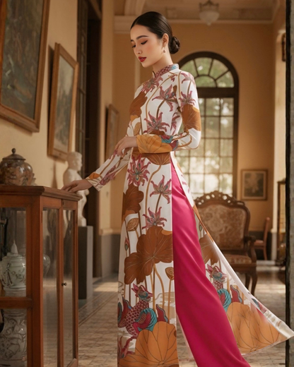 Áo Dài Lụa Truyền Thống / Họa tiết Uyên Ương Liên Hạ Be & Nâu