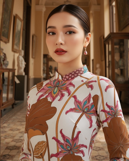 Áo Dài Lụa Truyền Thống / Họa tiết Uyên Ương Liên Hạ Be & Nâu