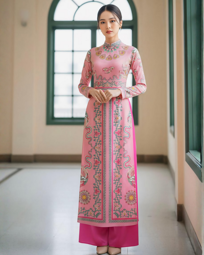 Áo Dài Lụa Truyền Thống / Hoạ tiết Phụng Vũ Vân Ca Hồng Phấn