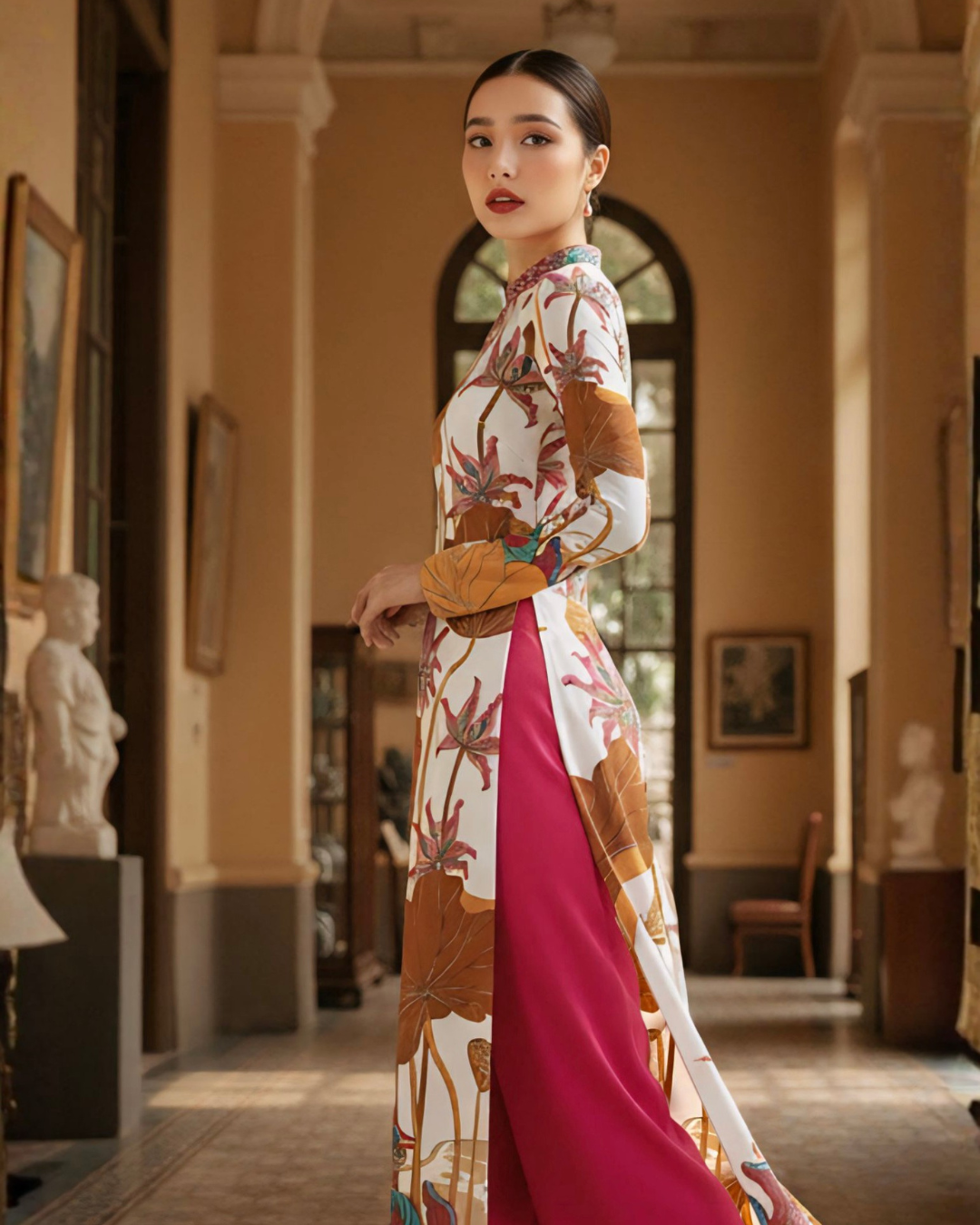 Áo Dài Lụa Truyền Thống / Họa tiết Uyên Ương Liên Hạ Be & Nâu