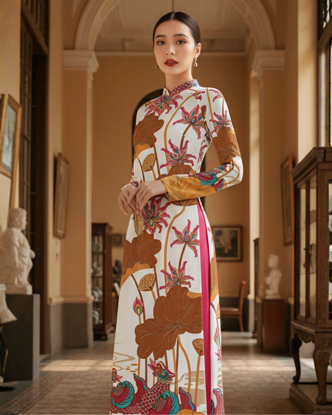 Áo Dài Lụa Truyền Thống / Họa tiết Uyên Ương Liên Hạ Be & Nâu