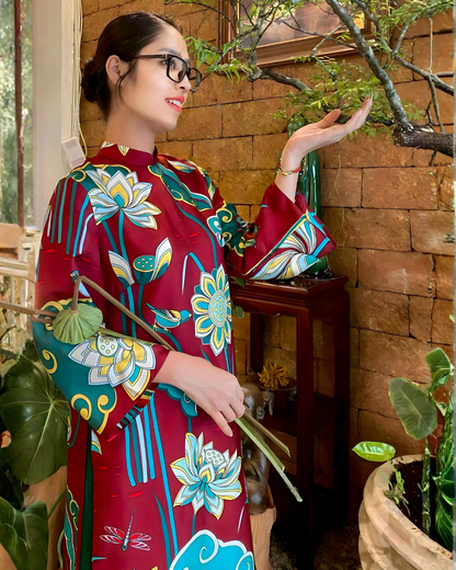 Áo Dài Lụa Tay Loa / Họa tiết Cố Đô Liên Hoạ Nâu & Xanh Lá Đậm