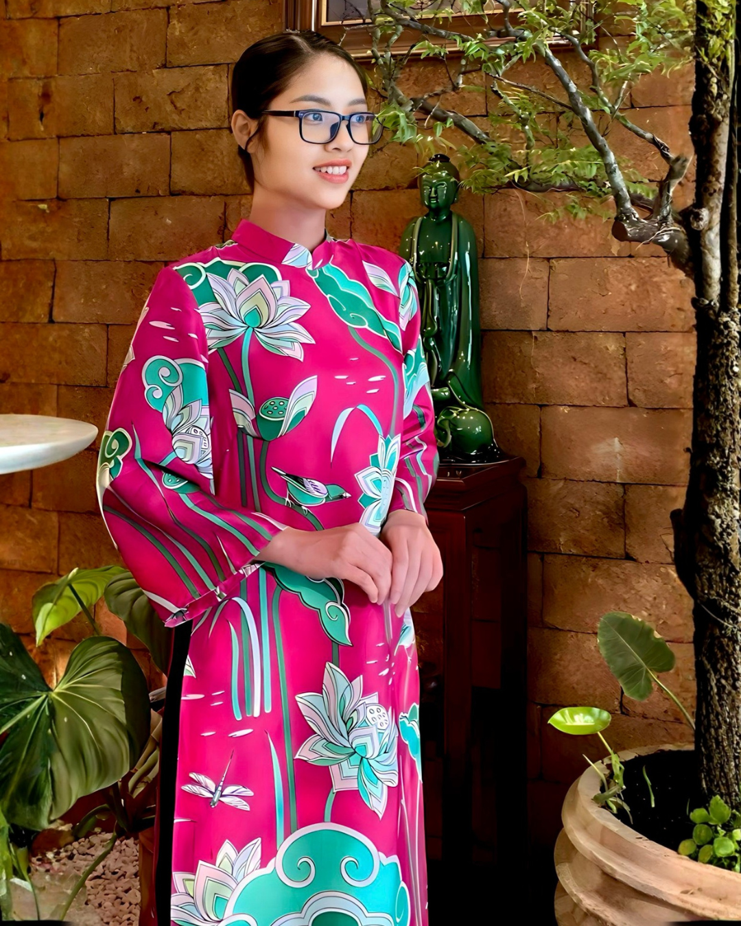 Áo Dài Lụa Tay Loa / Họa tiết Cố Đô Liên Hoạ Hồng & Xanh Lá