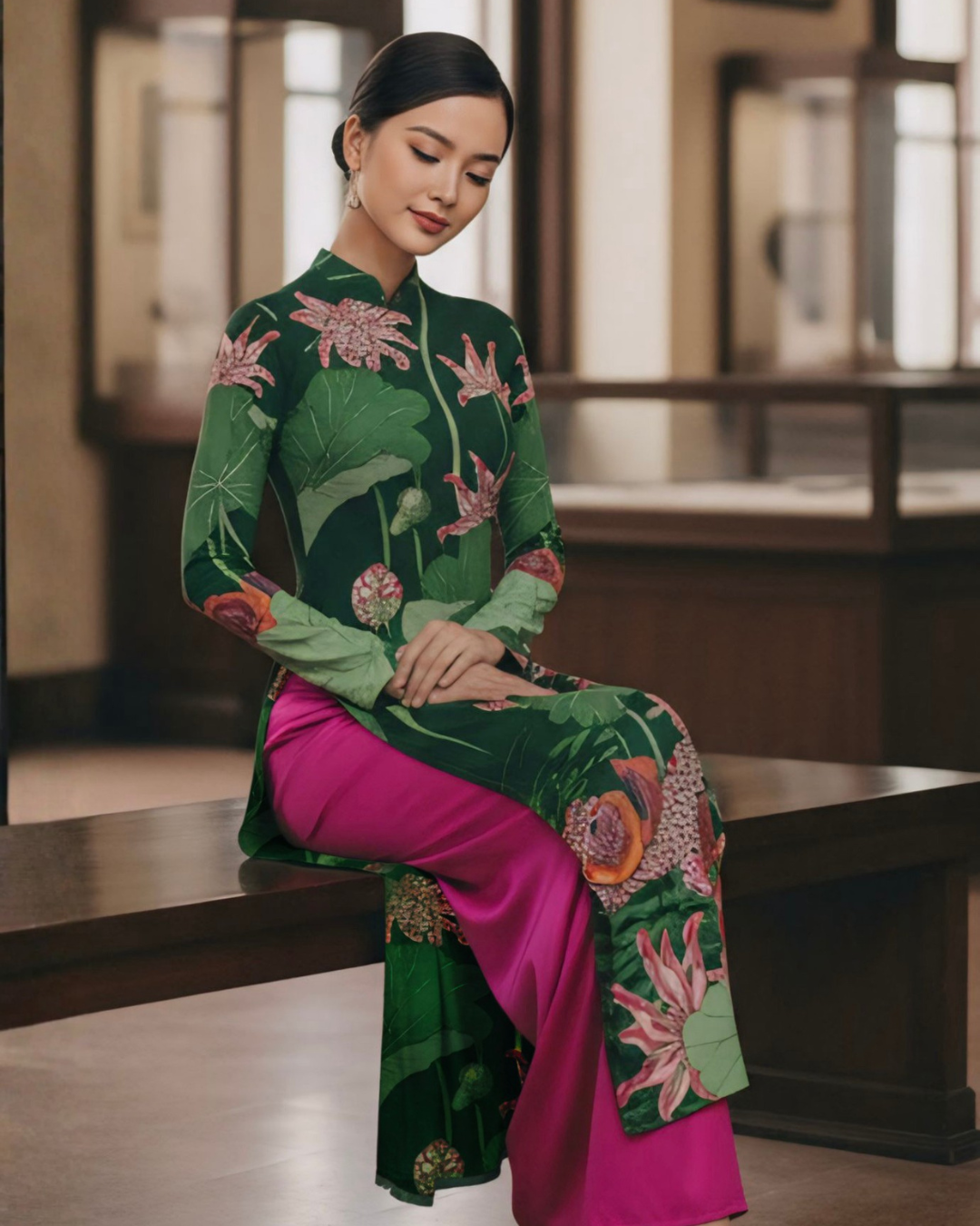 Áo Dài Lụa Truyền Thống / Họa tiết Uyên Ương Liên Hạ Xanh Lá & Hồng