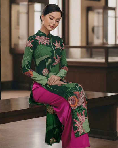 Áo Dài Lụa Truyền Thống / Họa tiết Uyên Ương Liên Hạ Xanh Lá & Hồng