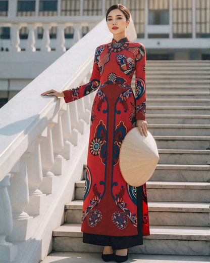 Áo Dài Lụa Truyền Thống / Họa tiết Hương Vân Long Mộng Đỏ