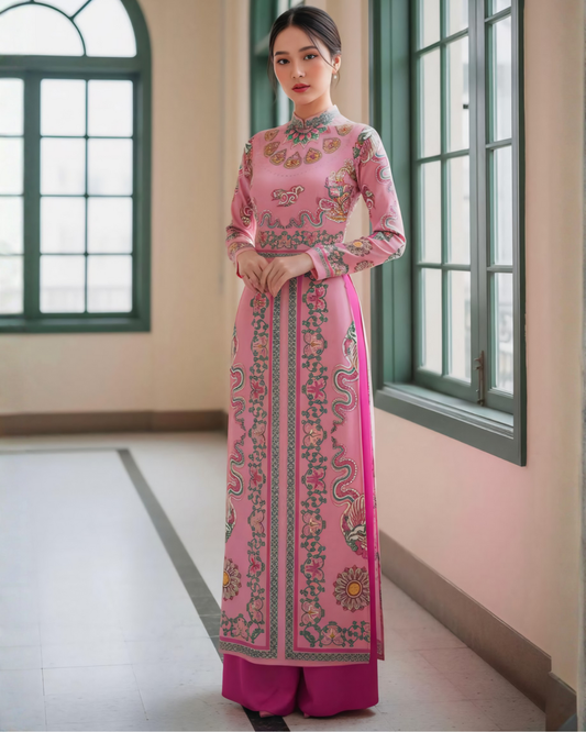 Áo Dài Lụa Truyền Thống / Hoạ tiết Phụng Vũ Vân Ca Hồng Phấn