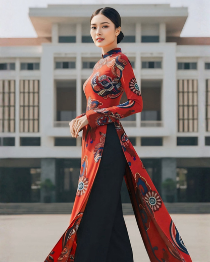 Áo Dài Lụa Truyền Thống / Họa tiết Hương Vân Long Mộng Đỏ