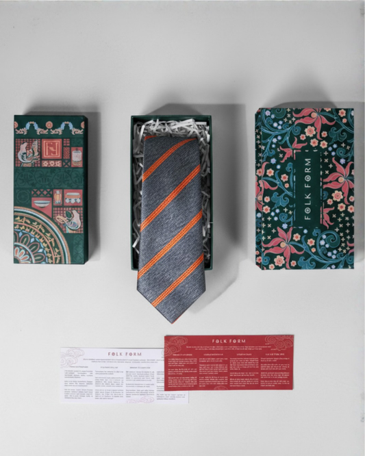 Quà Tặng Cao Cấp / Cà Vạt Lụa Gấm Hoa Văn Kẻ Chéo / Xám Cam / 8cm x 145cm