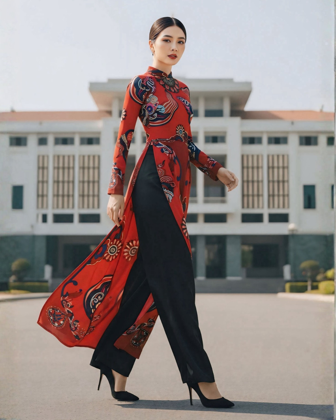 Áo Dài Lụa Truyền Thống / Họa tiết Hương Vân Long Mộng Đỏ