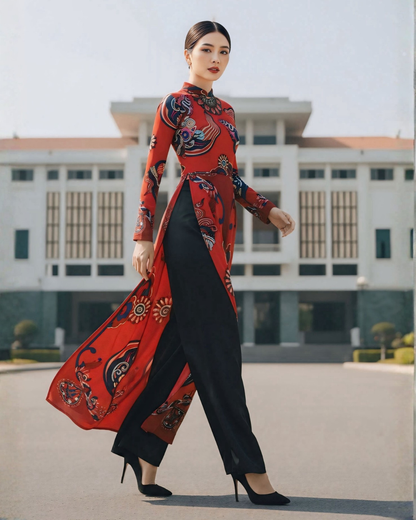 Áo Dài Lụa Truyền Thống / Họa tiết Hương Vân Long Mộng Đỏ