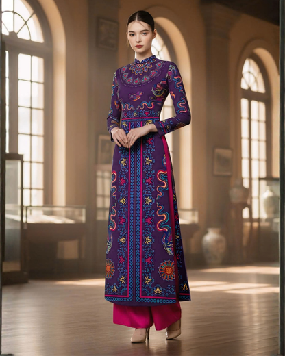 Áo Dài Lụa Truyền Thống / Hoạ tiết Phụng Vũ Vân Ca Tím