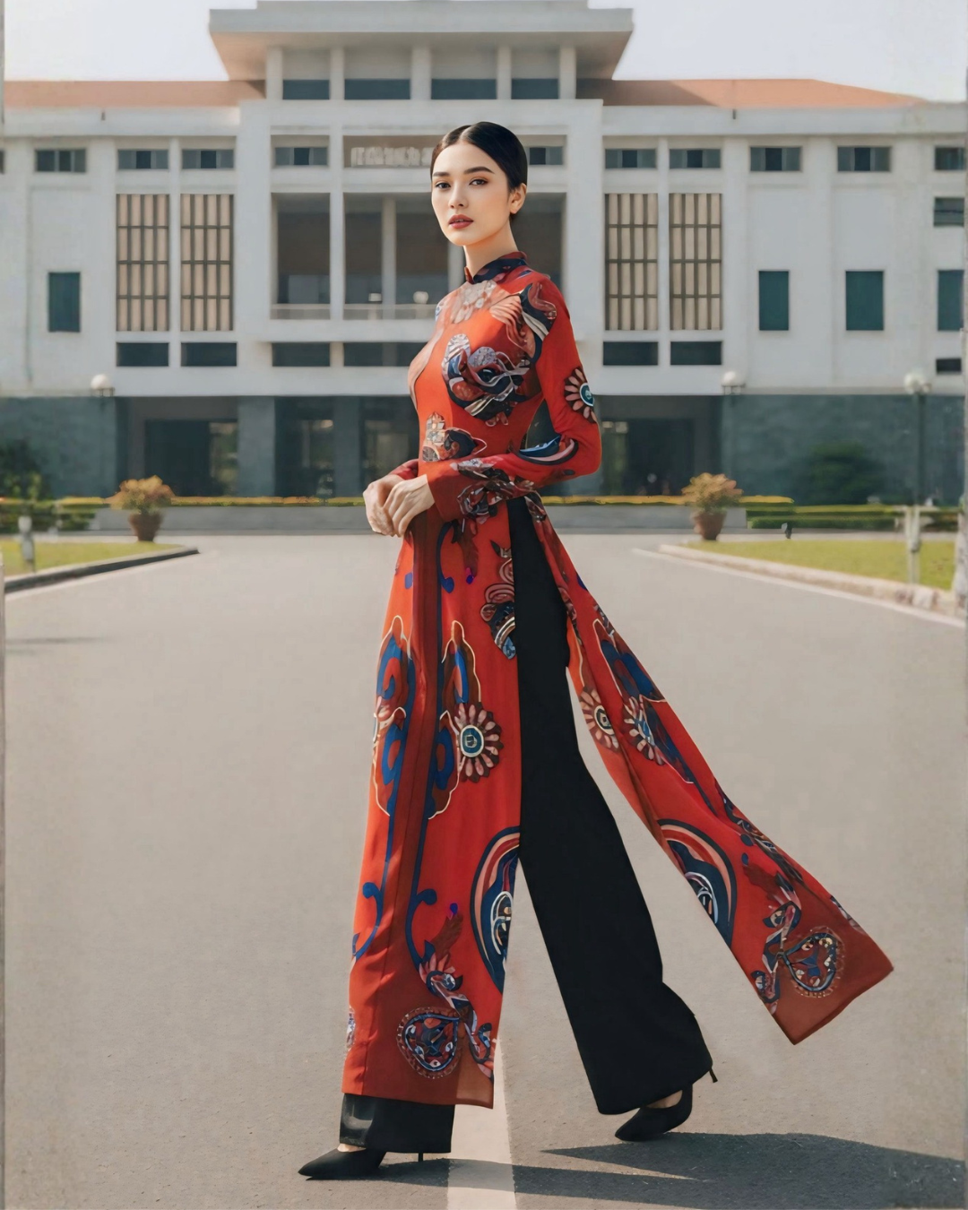 Áo Dài Lụa Truyền Thống / Họa tiết Hương Vân Long Mộng Đỏ