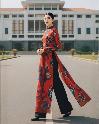 Áo Dài Lụa Truyền Thống / Họa tiết Hương Vân Long Mộng Đỏ