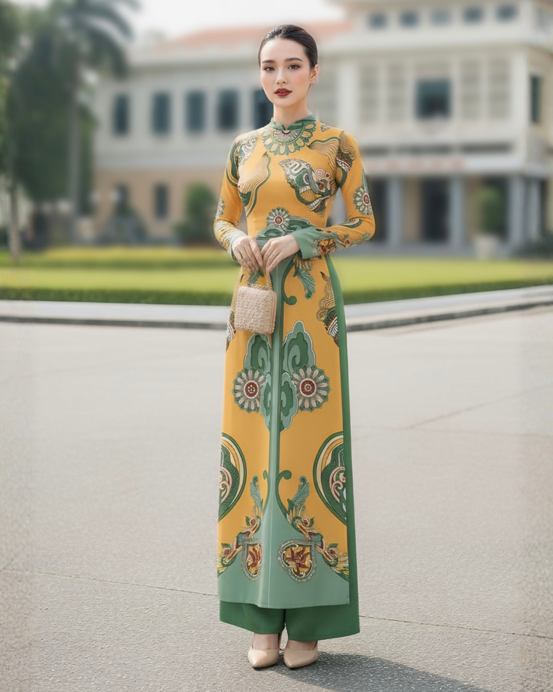 Áo Dài Lụa Truyền Thống / Họa tiết Hương Vân Long Mộng Xanh Lá & Vàng