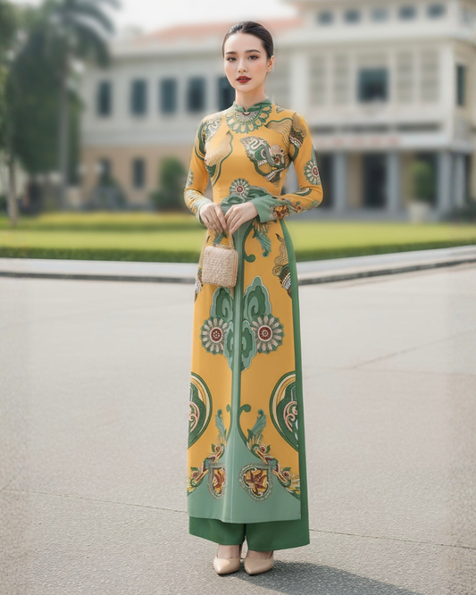 Áo Dài Lụa Truyền Thống / Họa tiết Hương Vân Long Mộng Xanh Lá & Vàng