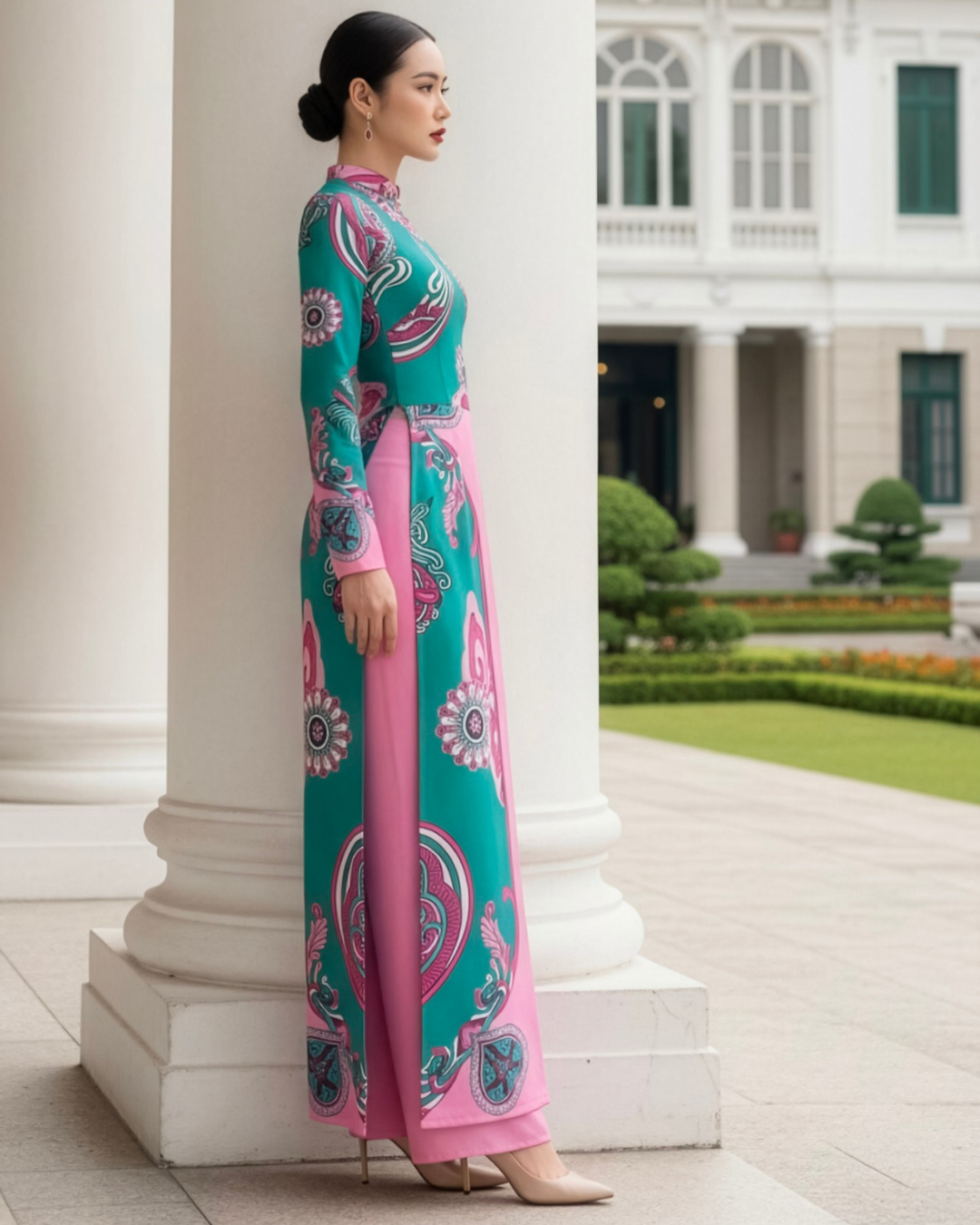 Áo Dài Lụa Truyền Thống / Họa tiết Hương Vân Long Mộng Xanh Ngọc & Hồng