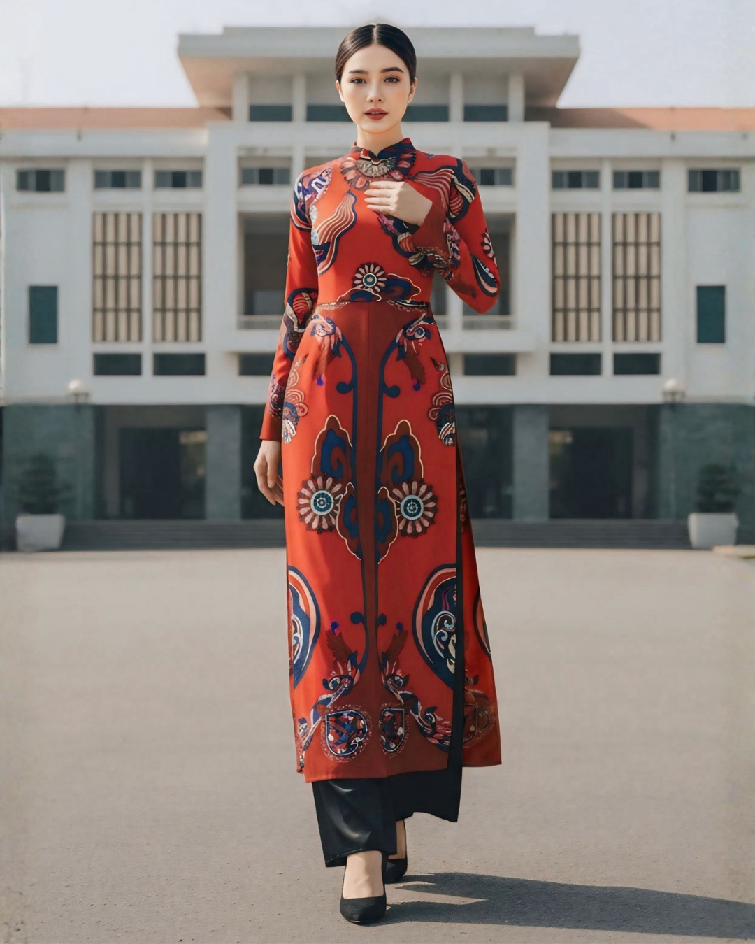 Áo Dài Lụa Truyền Thống / Họa tiết Hương Vân Long Mộng Đỏ