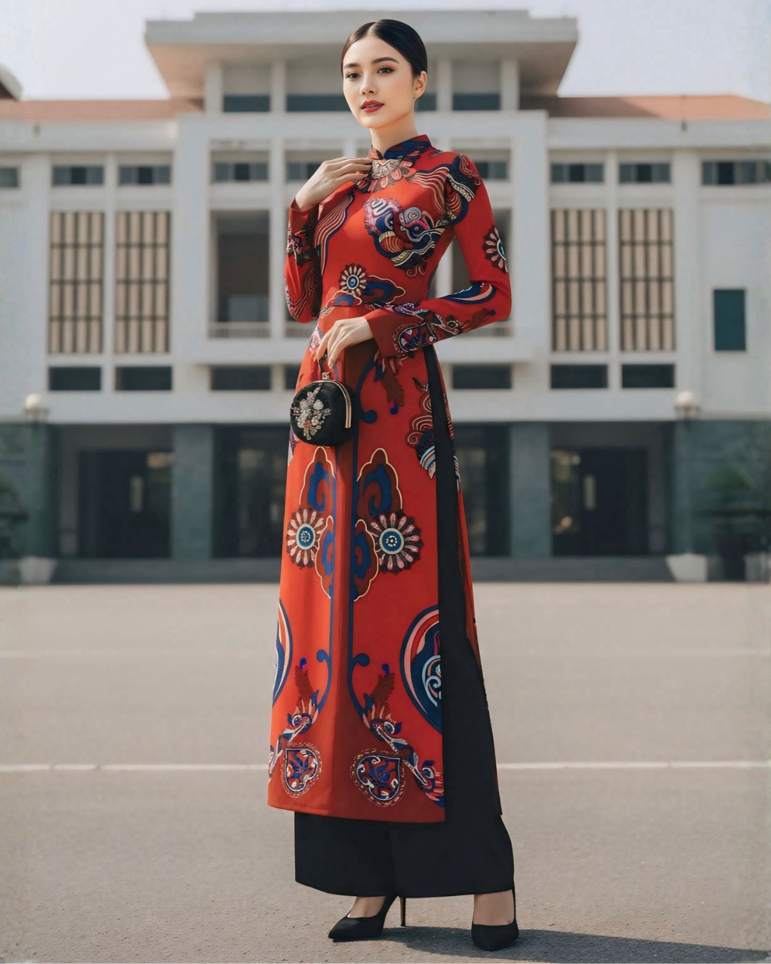 Áo Dài Lụa Truyền Thống / Họa tiết Hương Vân Long Mộng Đỏ
