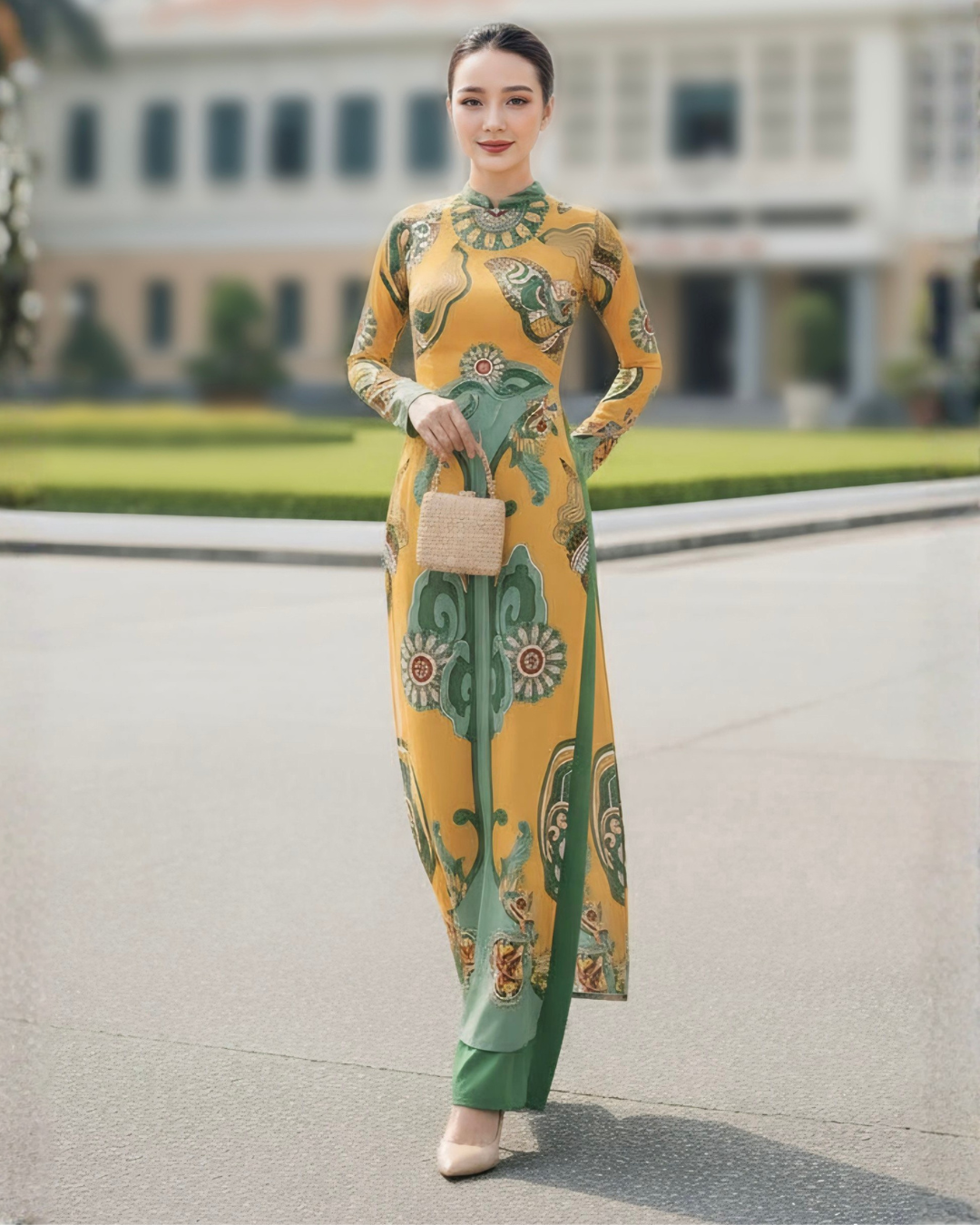 Áo Dài Lụa Truyền Thống / Họa tiết Hương Vân Long Mộng Xanh Lá & Vàng