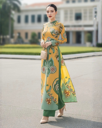 Áo Dài Lụa Truyền Thống / Họa tiết Hương Vân Long Mộng Xanh Lá & Vàng
