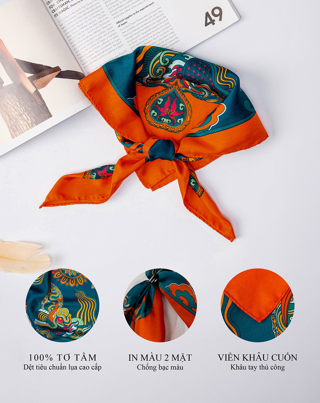 Khăn Lụa Hương Vân Long Mộng / Xanh Lá & Da Cam / 55x55
