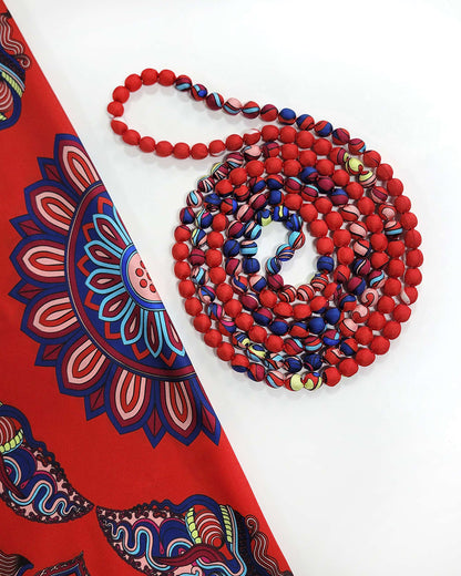 Vòng Hạt Bọc Lụa In Hoạ Tiết / Đỏ / 110cm