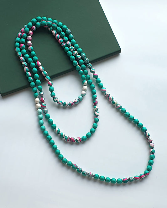 Vòng Hạt Bọc Lụa In Hoạ Tiết / Xanh Ngọc / 110cm
