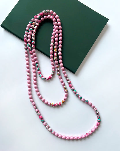 Vòng Hạt Bọc Lụa In Hoạ Tiết / Hồng Phấn / 110cm